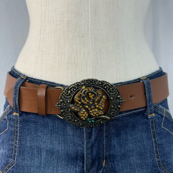 Brown Leather Belt Statement Rose Rhinestone Buckle Medium - Picture 1 of 8